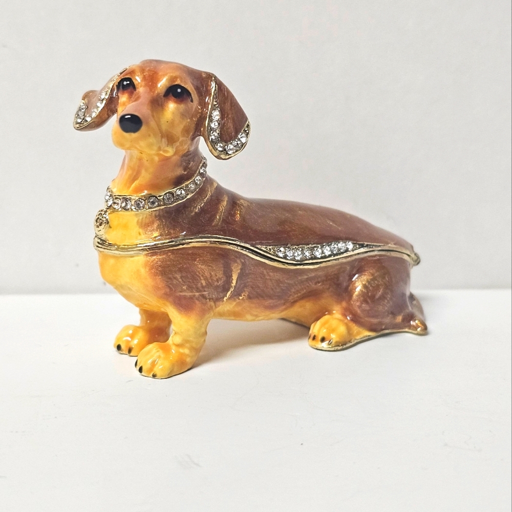 This Brown Dachshund Jeweled & Enamel Finished Dog Trinket/Hide Box NEW